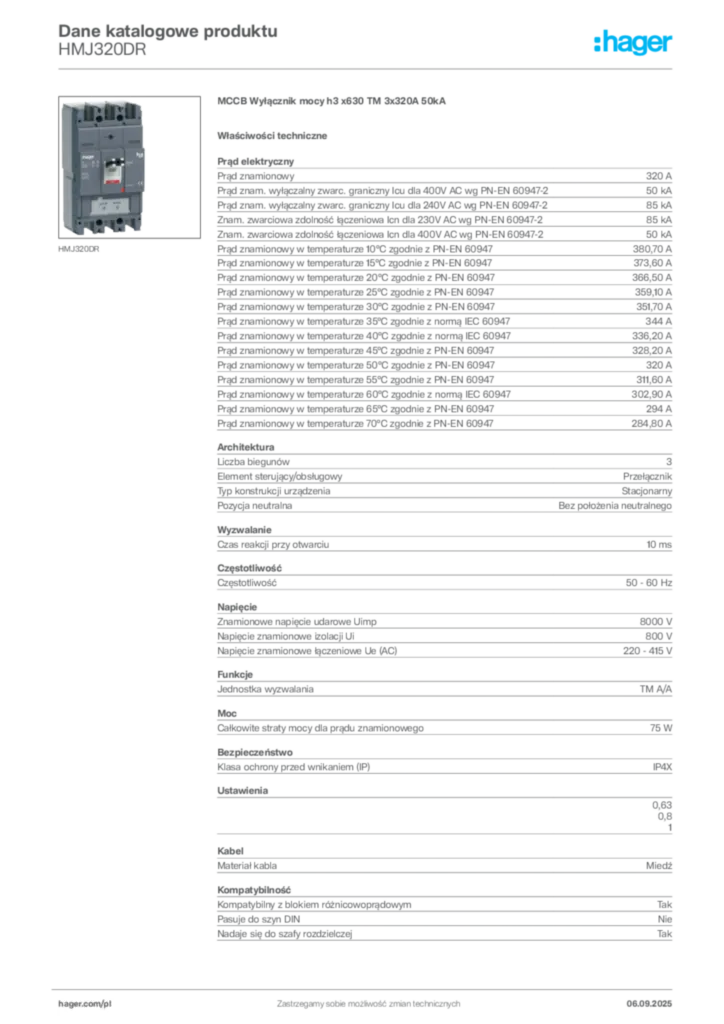 Zdjęcie Hager Dane katalogowe produktu HMJ320DR | Hager Polska