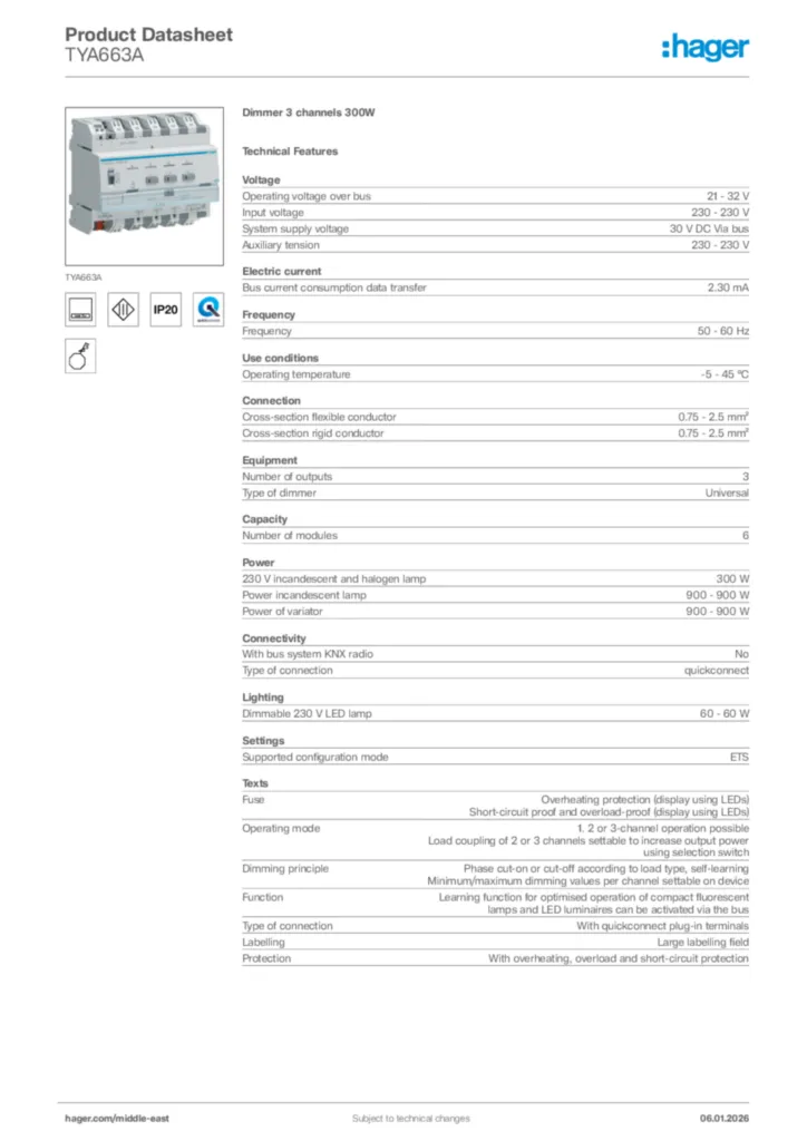 Image Hager Product data sheet TYA663A  | Hager