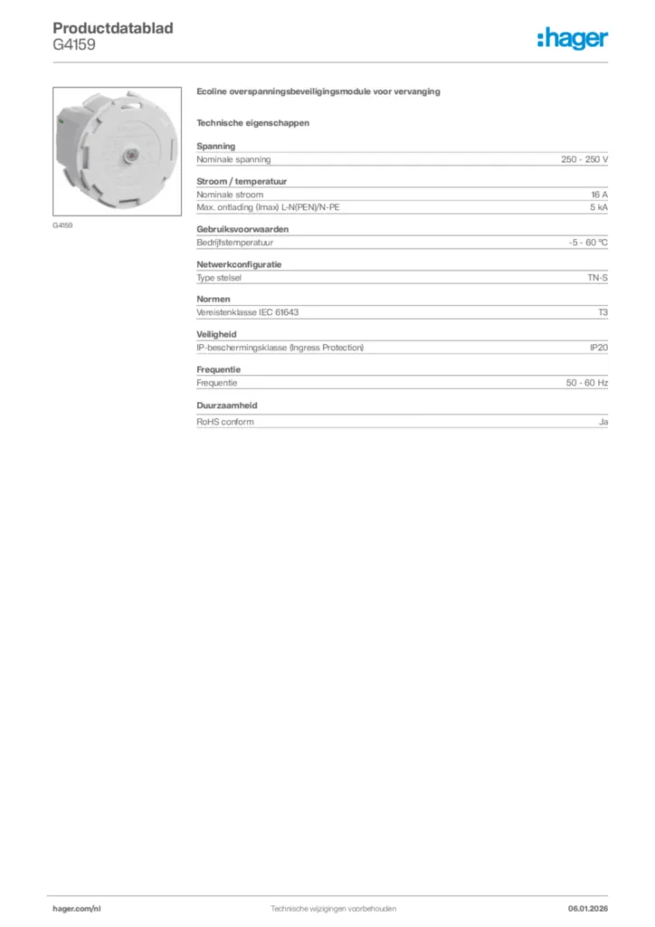 Afbeelding Hager Productdatablad G4159 | Hager Nederland