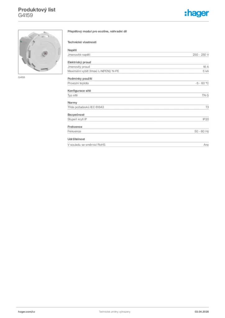 Obrázek Hager Product data sheet G4159 | Hager