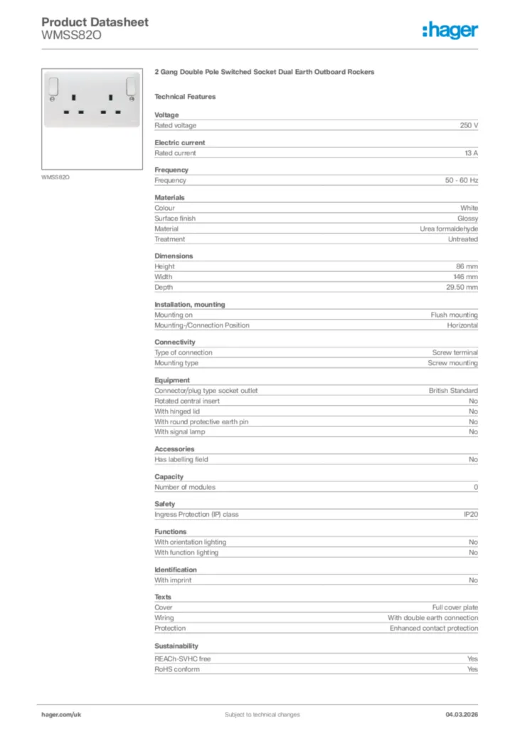 Image Hager Product data sheet WMSS82O  | Hager
