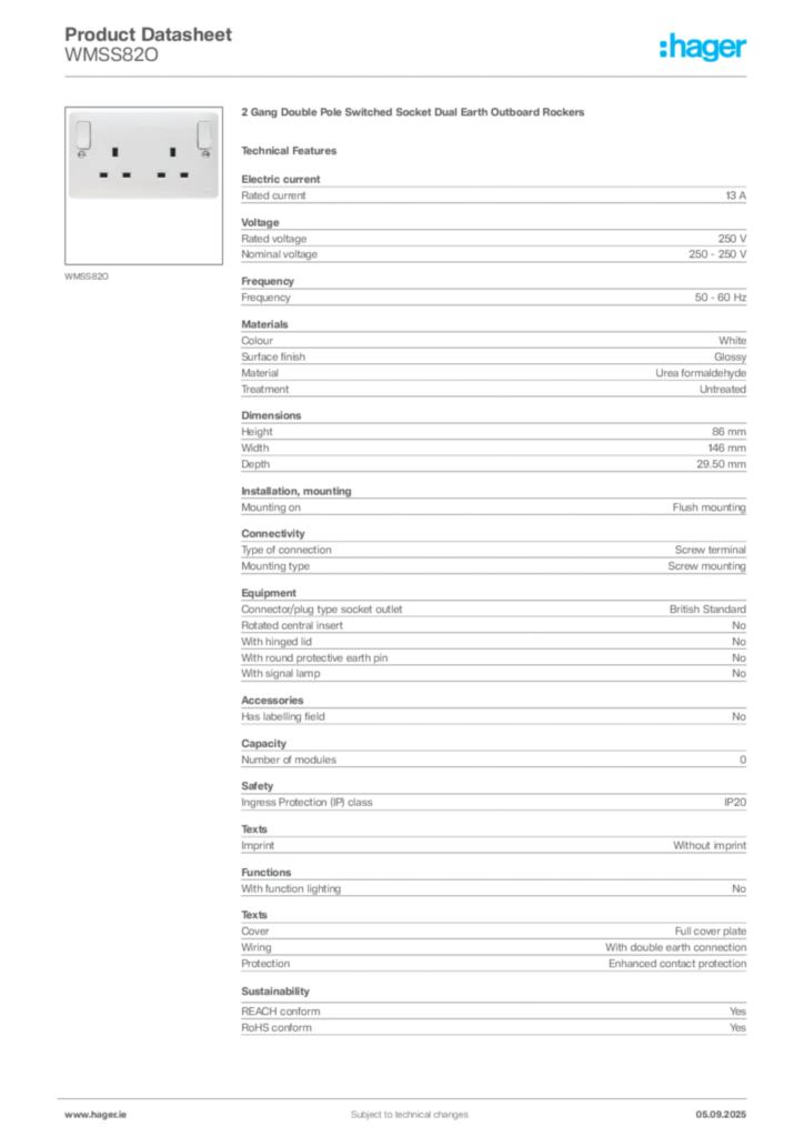 Image Hager Product data sheet WMSS82O  | Hager