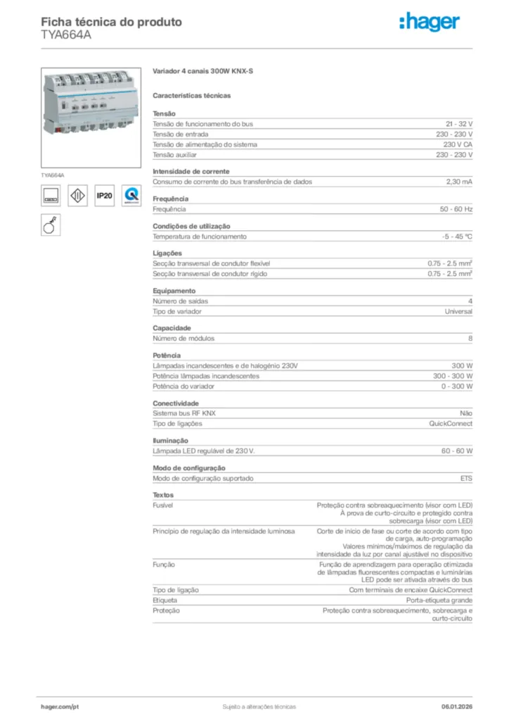 Imagem Hager Ficha técnica do produto TYA664A | Hager Portugal