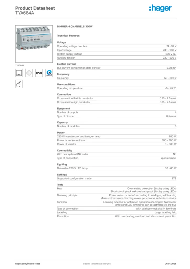 Image Hager Product data sheet TYA664A  | Hager