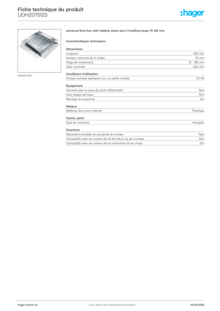 Image Hager Fiche technique du produit UDH2075125 | Hager Suisse