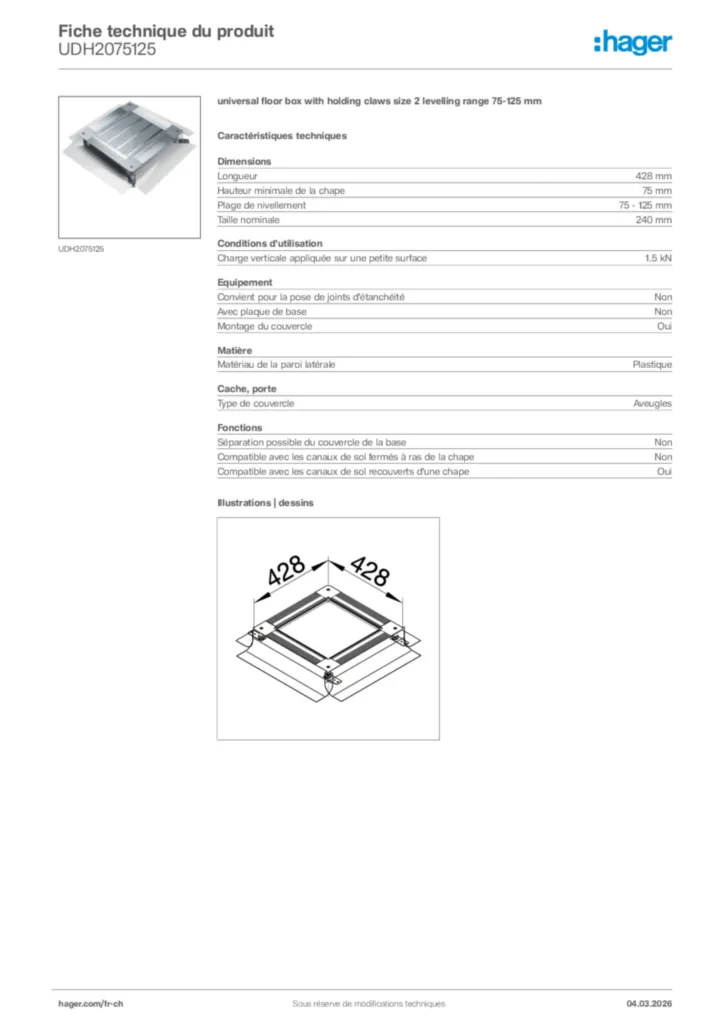 Image Hager Fiche technique du produit UDH2075125 | Hager Suisse
