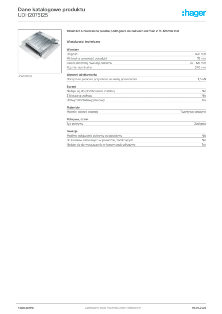 Zdjęcie Hager Dane katalogowe produktu UDH2075125 | Hager Polska