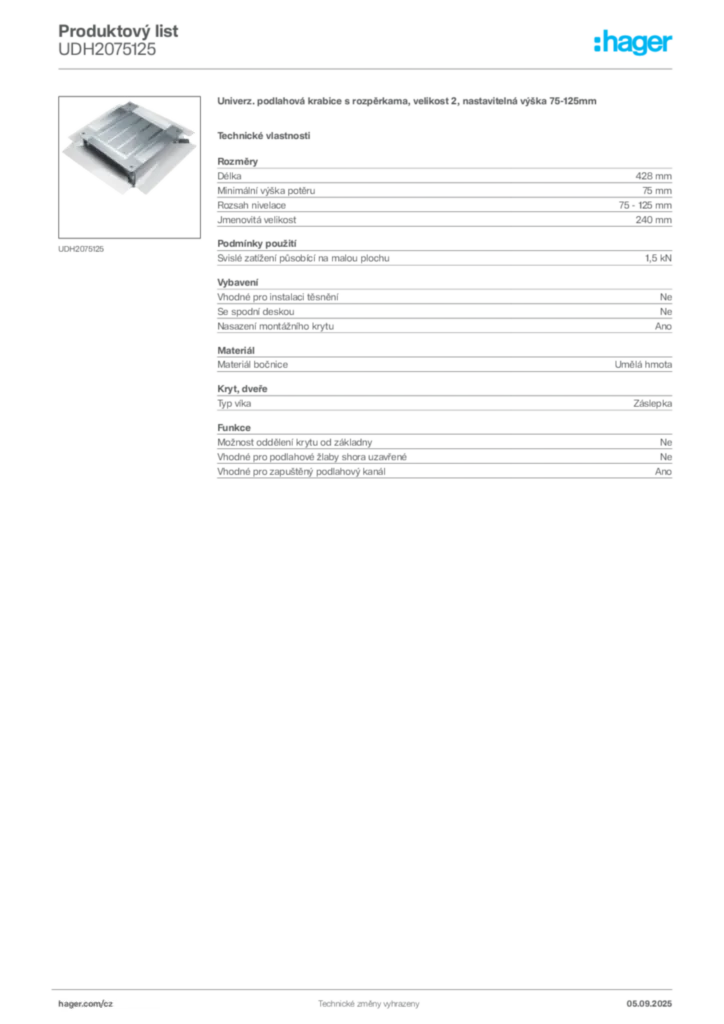 Obrázek Hager Produktový list UDH2075125 | Hager