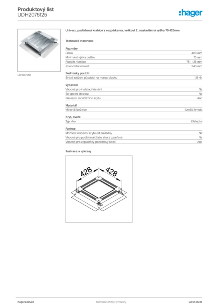 Obrázek Hager Product data sheet UDH2075125 | Hager