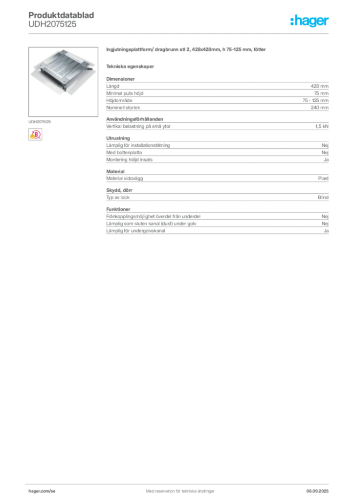 Bild Hager Produktdatablad UDH2075125 | Hager Sverige