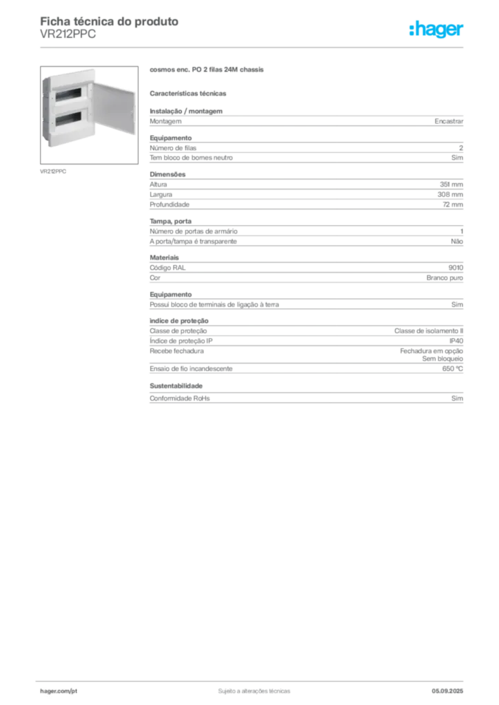 Imagem Hager Ficha técnica do produto VR212PPC | Hager Portugal