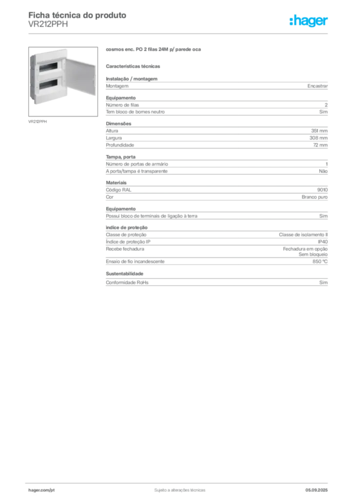 Imagem Hager Ficha técnica do produto VR212PPH | Hager Portugal
