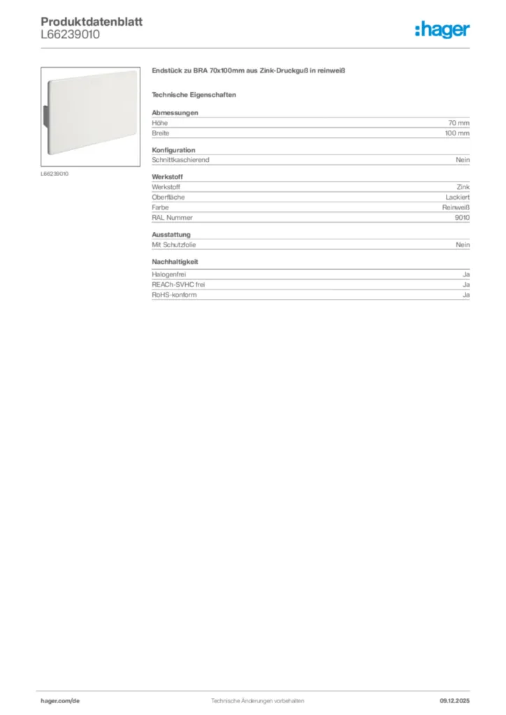 Bild Hager Produktdatenblatt L66239010 | Hager Deutschland