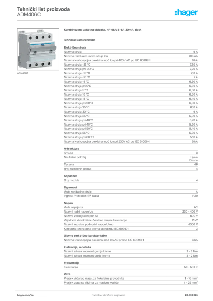 Slika Hager Product data sheet ADM406C  | Hager