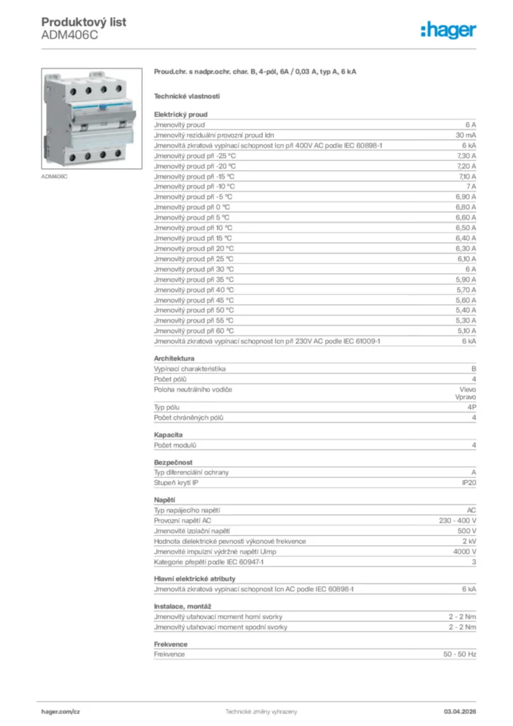 Obrázek Hager Product data sheet ADM406C | Hager