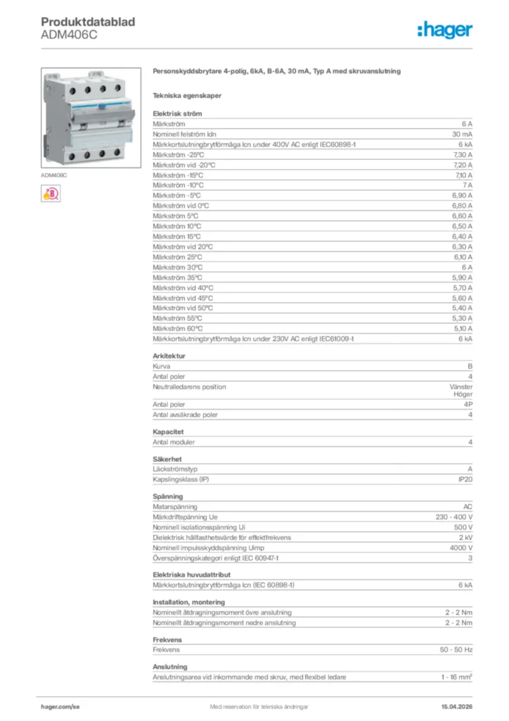 Bild Hager Produktdatablad ADM406C | Hager Sverige