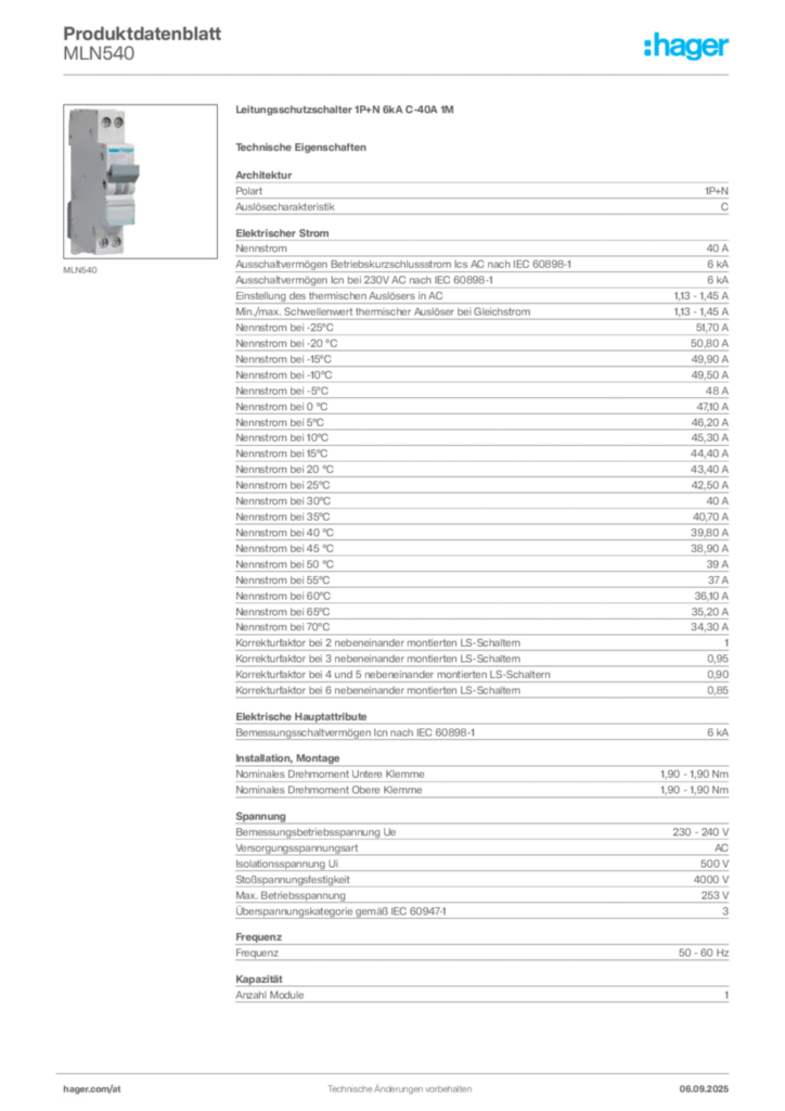Bild Hager Produktdatenblatt MLN540 | Hager Deutschland