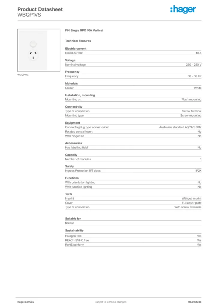 Image Hager Product data sheet WBQP1VS  | Hager Australia