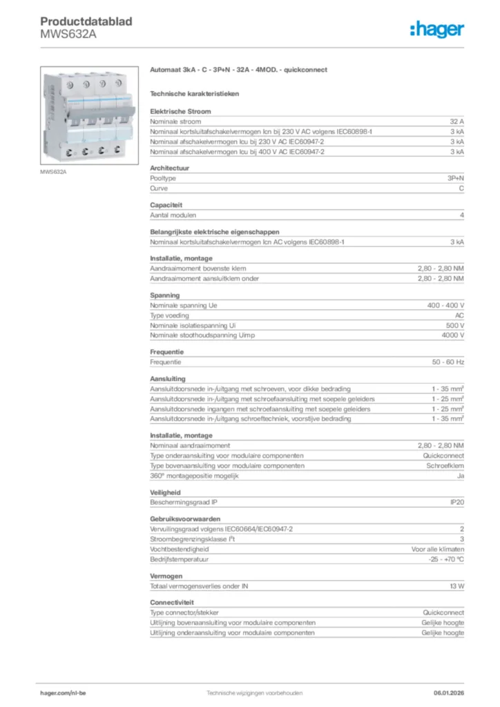 Afbeelding Hager Productdatablad MWS632A | Hager Belgium