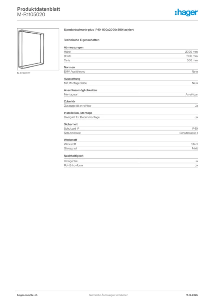 Bild Hager Produktdatenblatt M-R1105020 | Hager Schweiz