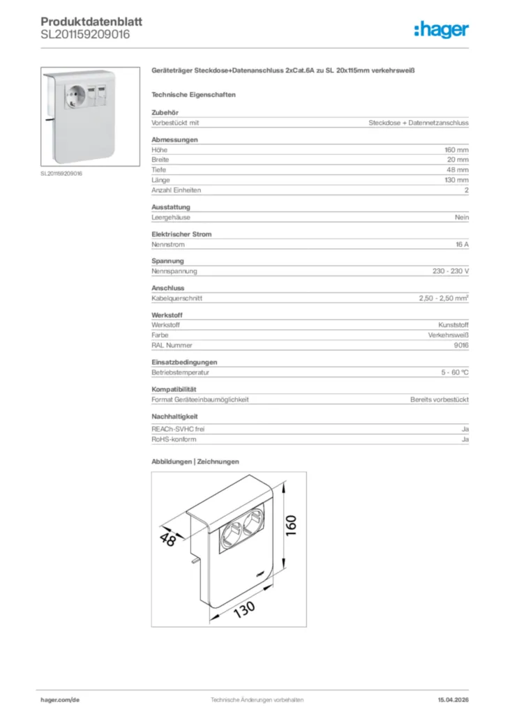 Bild Hager Produktdatenblatt SL201159209016 | Hager Deutschland