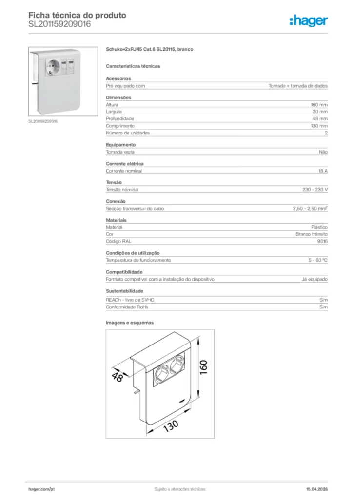 Imagem Hager Ficha técnica do produto SL201159209016 | Hager Portugal