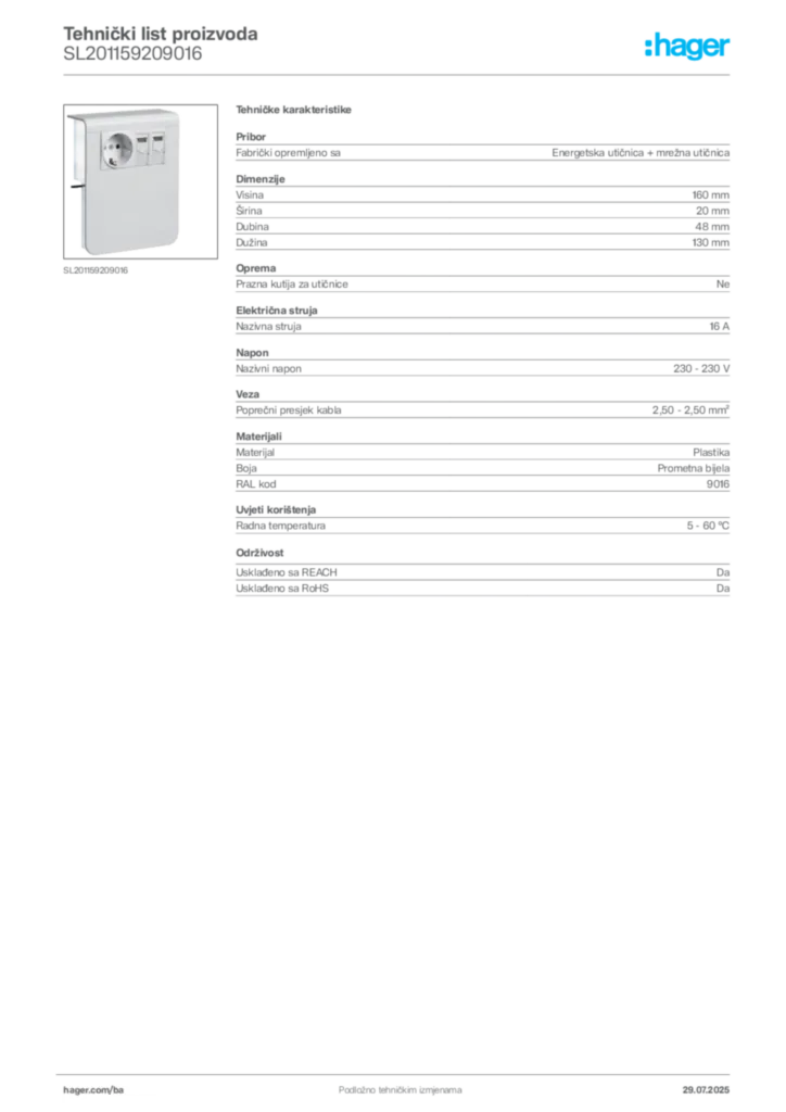 Slika Hager Product data sheet SL201159209016  | Hager