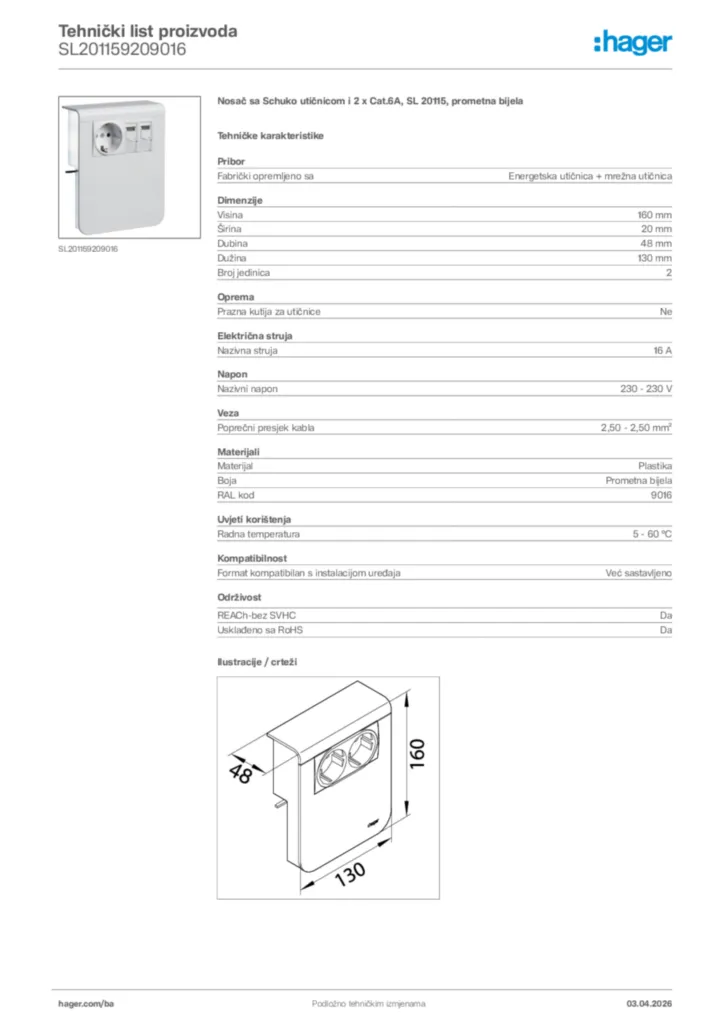 Slika Hager Tehnički list proizvoda SL201159209016  | Hager