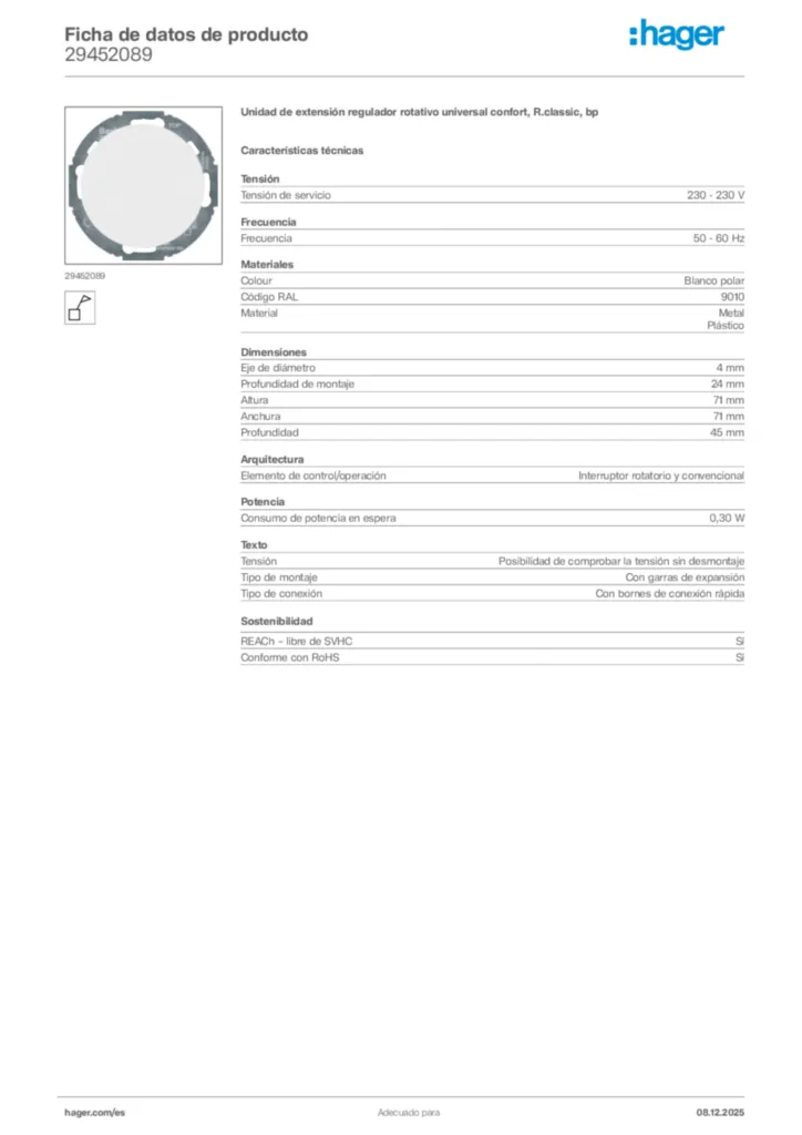 Imagen Hager Ficha de datos de producto 29452089 | Hager España