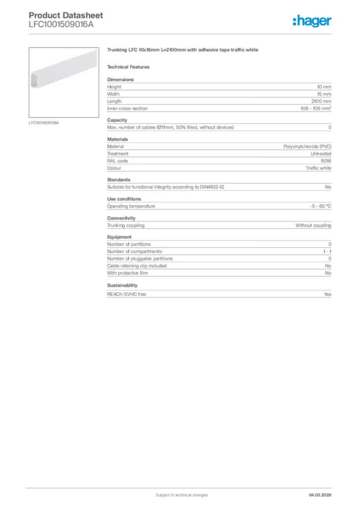Image Hager Product data sheet LFC1001509016A  | Hager Africa