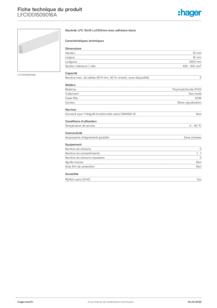 Image Hager Fiche technique du produit LFC1001509016A | Hager France