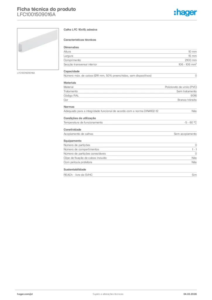 Imagem Hager Ficha técnica do produto LFC1001509016A | Hager Portugal