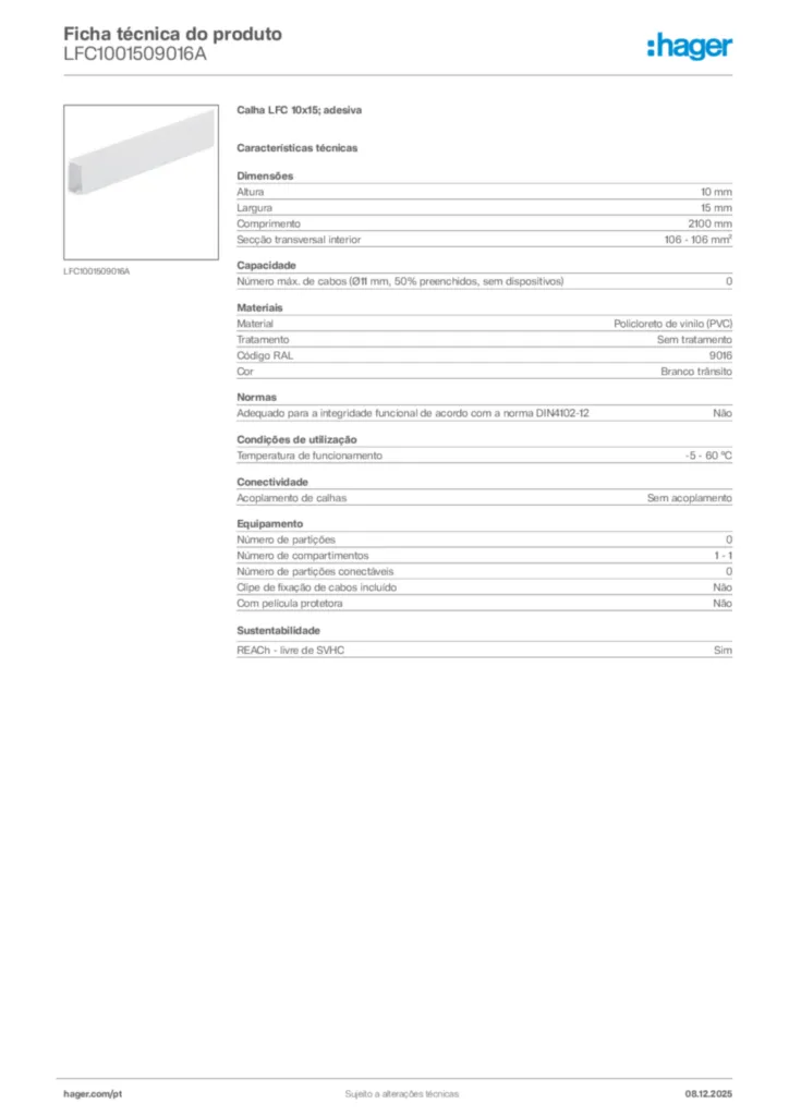 Imagem Hager Ficha técnica do produto LFC1001509016A | Hager Portugal