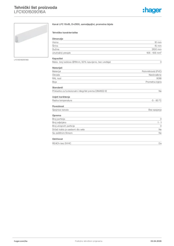 Slika Hager Tehnički list proizvoda LFC1001509016A  | Hager