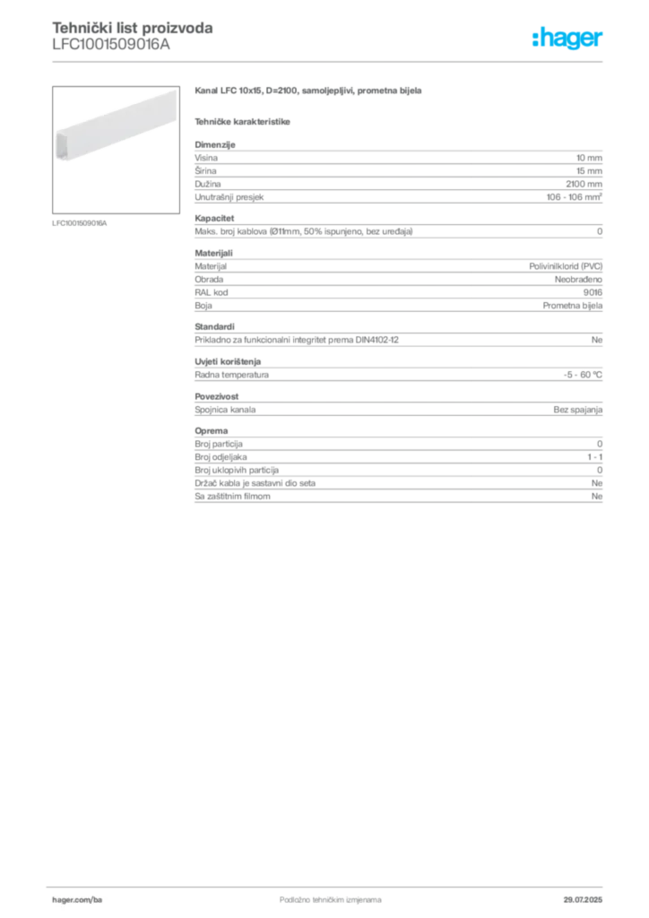 Slika Hager Product data sheet LFC1001509016A  | Hager
