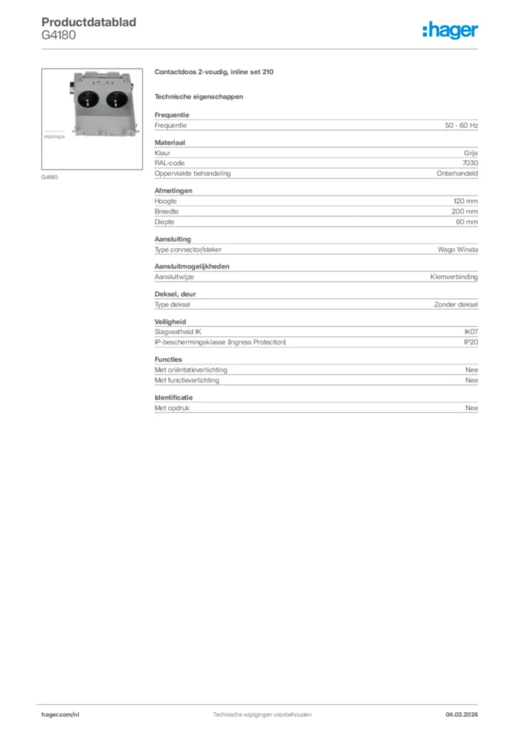 Afbeelding Hager Productdatablad G4180 | Hager Nederland