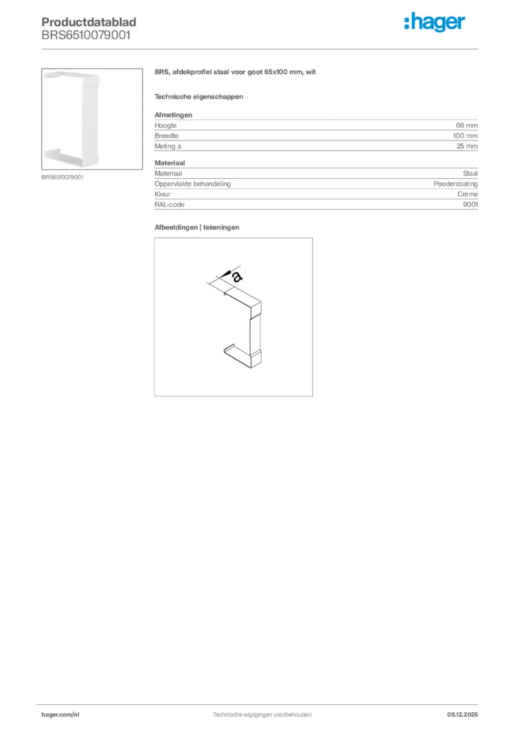 Afbeelding Hager Productdatablad BRS6510079001 | Hager Nederland