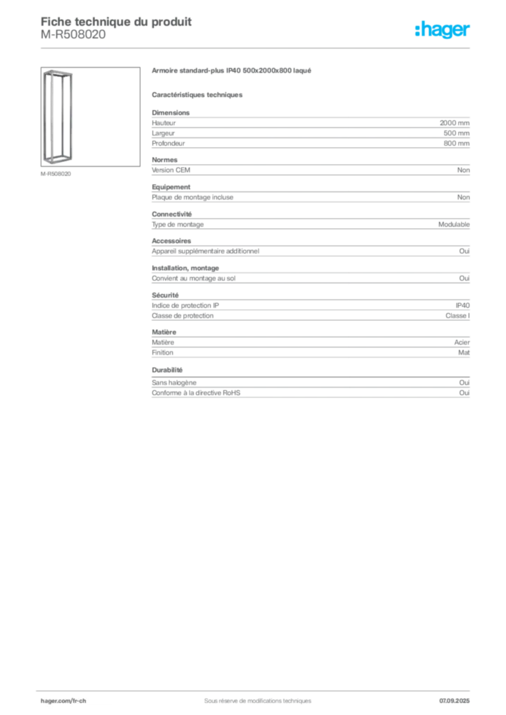 Image Hager Fiche technique du produit M-R508020 | Hager Suisse