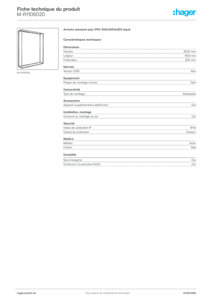 Image Hager Fiche technique du produit M-R1108020 | Hager Suisse