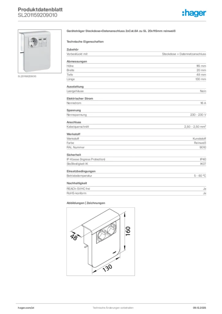Bild Hager Produktdatenblatt SL201159209010 | Hager Deutschland