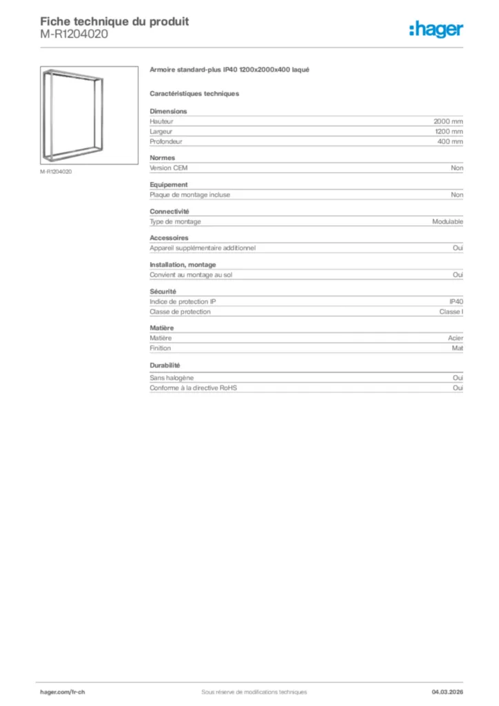 Image Hager Fiche technique du produit M-R1204020 | Hager Suisse