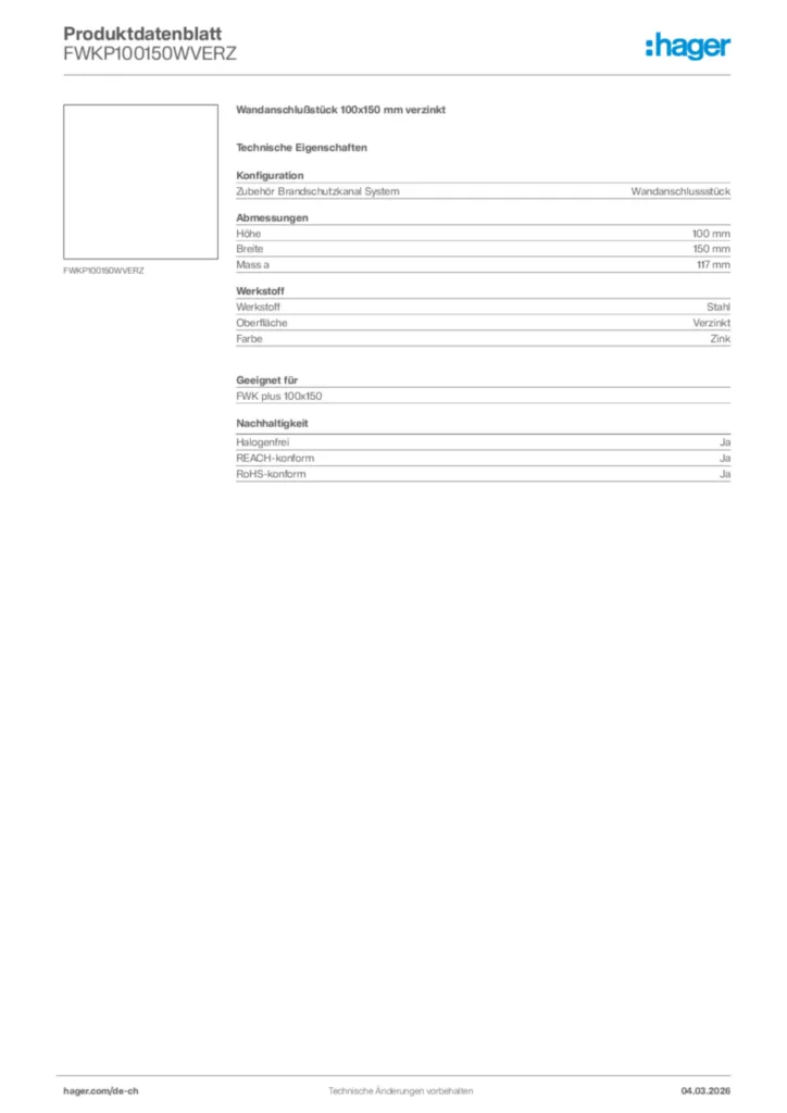 Bild Hager Produktdatenblatt FWKP100150WVERZ | Hager Schweiz