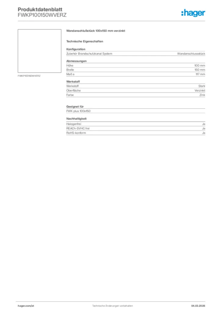 Bild Hager Produktdatenblatt FWKP100150WVERZ | Hager Deutschland