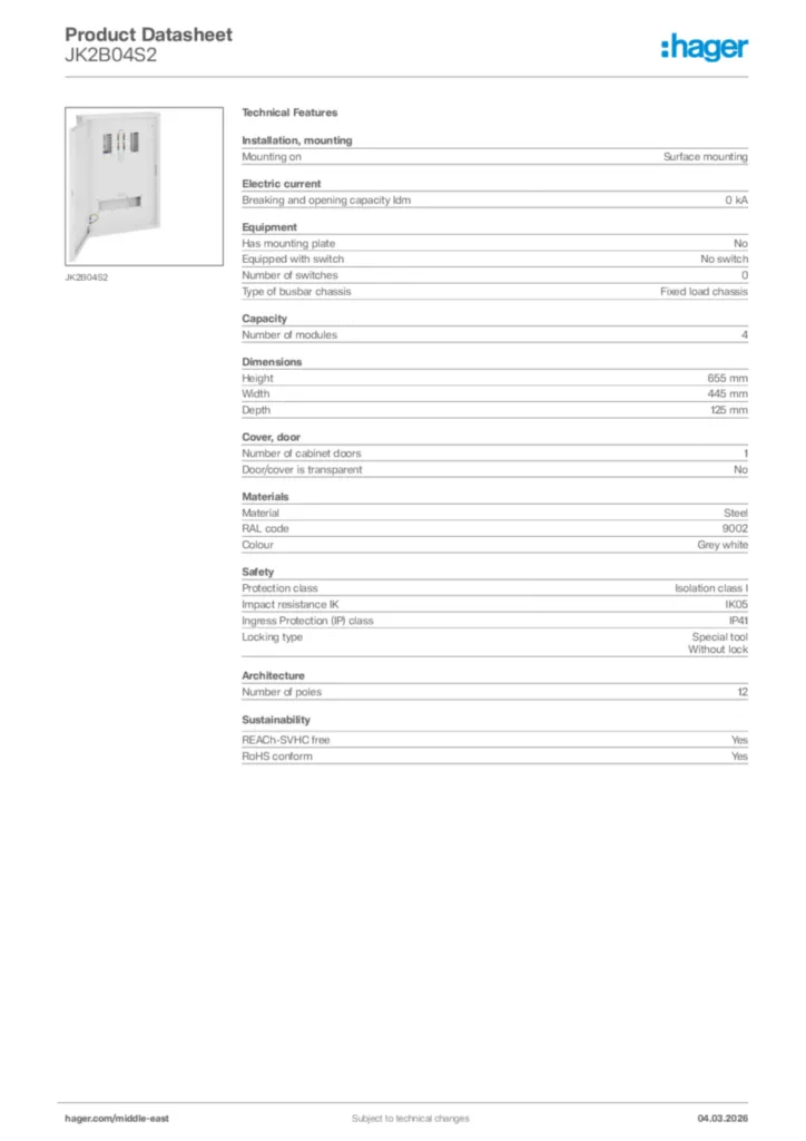 Image Hager Product data sheet JK2B04S2  | Hager