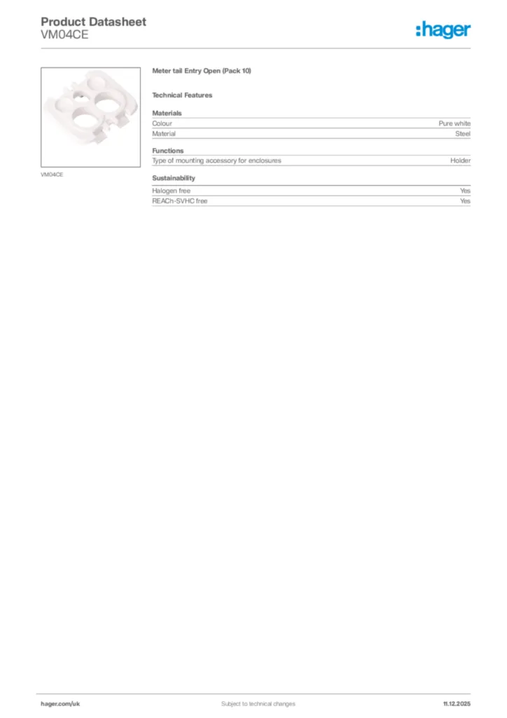 Image Hager Product data sheet VM04CE  | Hager