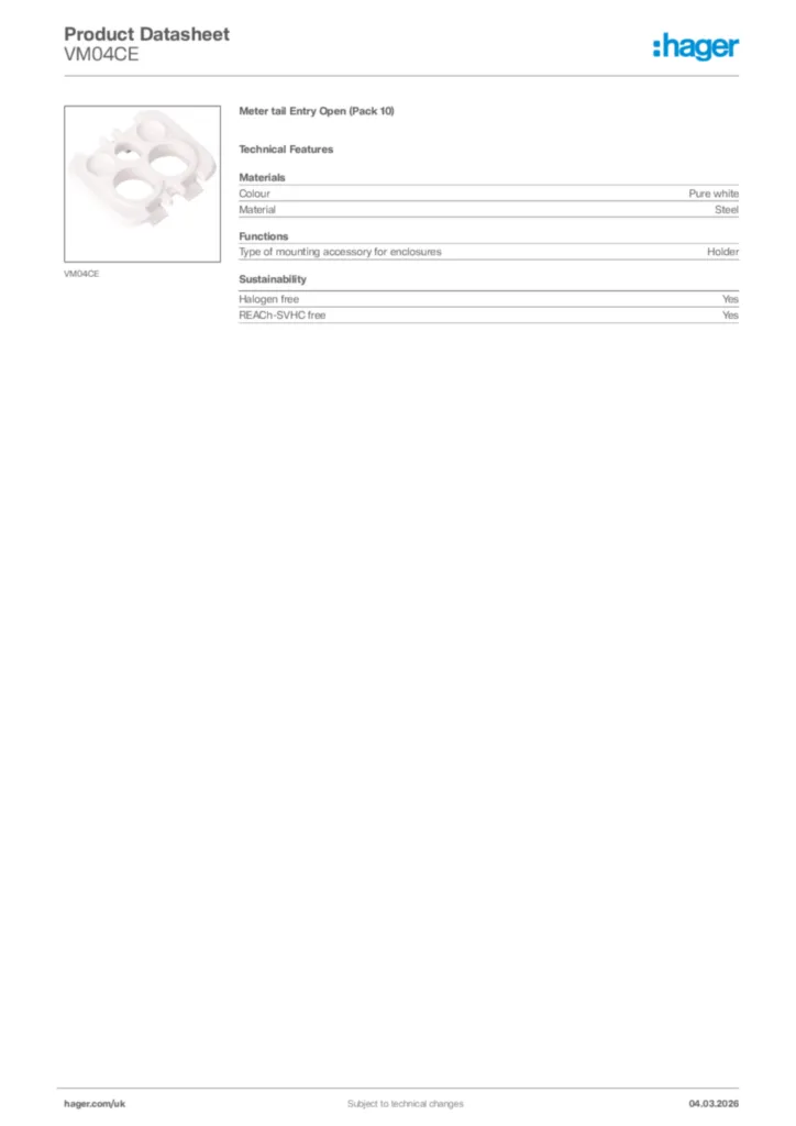 Image Hager Product data sheet VM04CE  | Hager