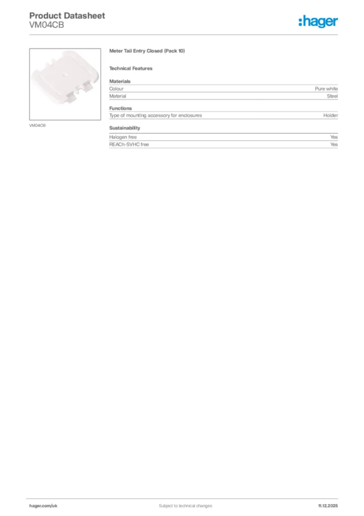 Image Hager Product data sheet VM04CB  | Hager