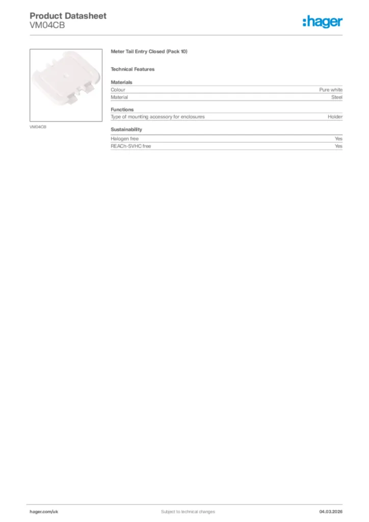 Image Hager Product data sheet VM04CB  | Hager
