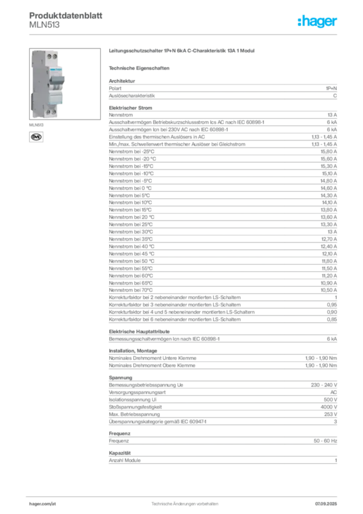 Bild Hager Produktdatenblatt MLN513 | Hager Deutschland
