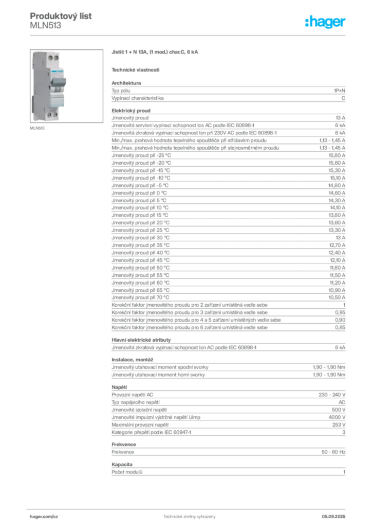 Obrázek Hager Produktový list MLN513 | Hager